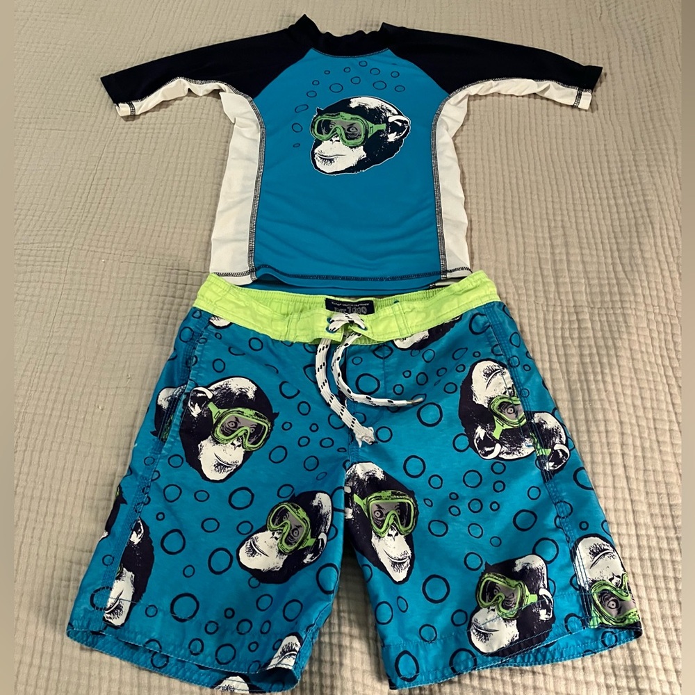 Kids Swim Set with Monkey Print - Blue, Black, white & green, size Small 5/6
